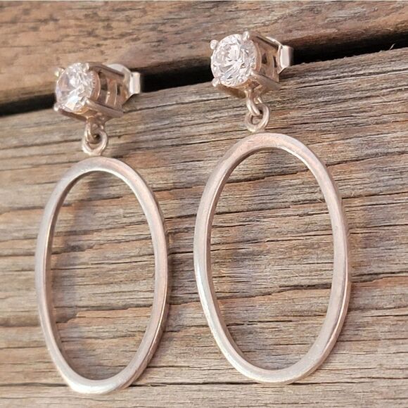 Sterling Silver CZ Post Oval Hoop Drop Earrings - Picture 3 of 6